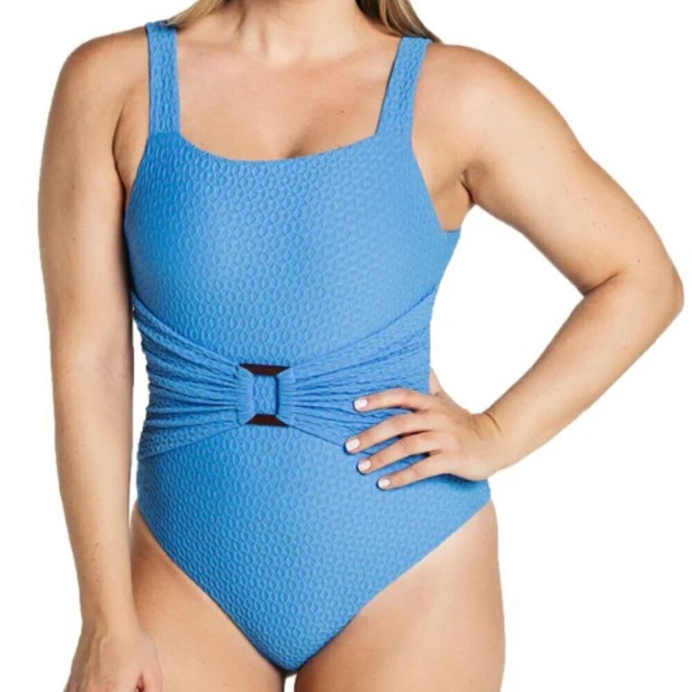NWT Leonisa Blue One Piece Belted Flirty Slimming Moderate Coverage Swimsuit M